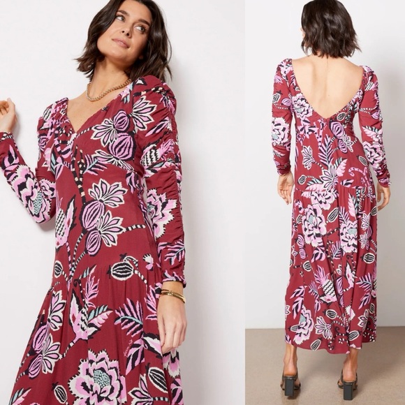 FARM RIO Burgundy Pineapple Inspiration Floral Print V Neck Open Back Maxi Dress - Picture 2 of 11